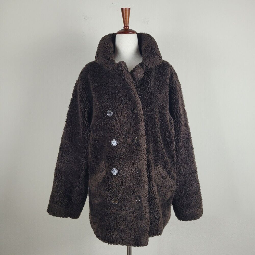 Vintage Gap Coat Women XXL‎ Brown Faux Fur Teddy Double Breasted 90s Y2K Jacket